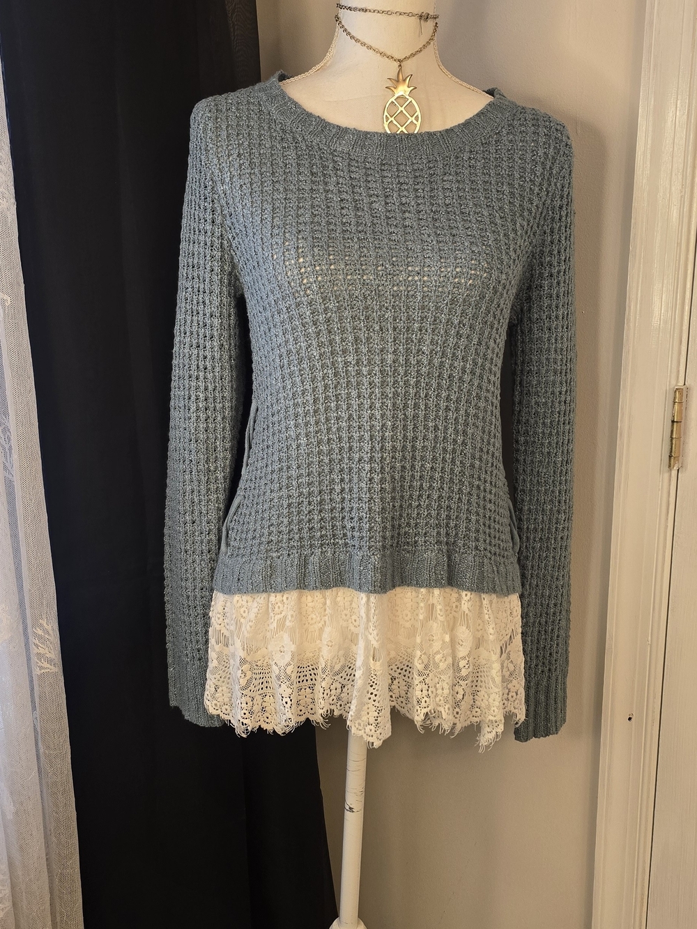 Knox Rose Blue Waffle-Knit Sweater Cream Lace Hem Cottage Core Feminine Boho Med